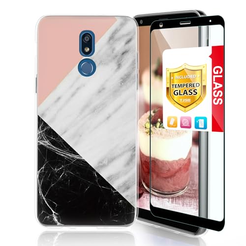 TJS Phone Case Compatible with LG K40/K12 Plus/X4/Solo LTE/Harmony 3, [Full Coverage Tempered Glass Screen Protector] TPU Matte Color Marble Transparent Clear Soft Skin (Pink/White/Black)