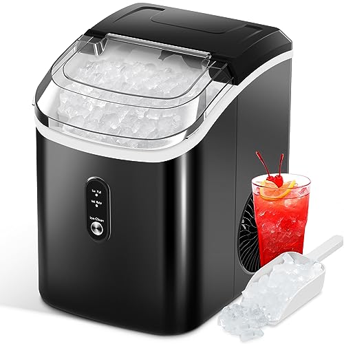 Nugget Ice Makers Countertop with Pellet Soft Chewable Ice, Pebble Ice Maker Machine with Self-Cleaning, 35.5Lbs/24Hrs, One-Click Operation, Ice Basket/Ice Scoop for Home/Office/Bar/Party, Black