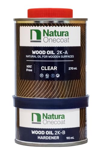 Natura Onecoat, 2 Component Wood Stain Oil, 360 mL (12.17 fl oz), Easy to Apply, Very Low Odor, Interior Furniture & Surfaces, Dries Fast, VOC/Solvent Free Protect & Restorer Without Pigment, Clear