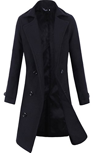 Lende Men's Trench Coat Winter Long Jacket Double Breasted Overcoat Black XL