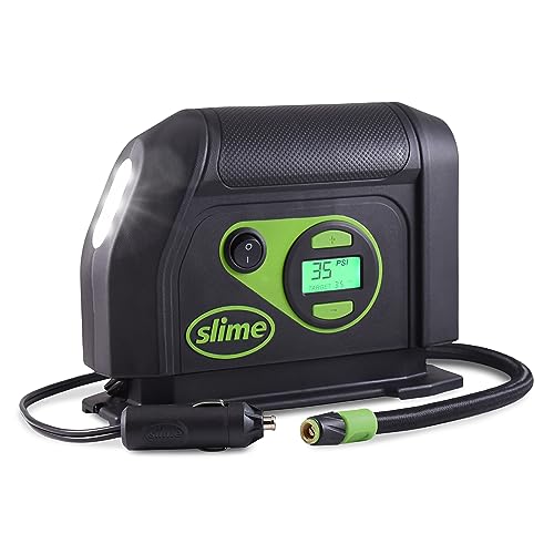 Slime 40051 Tire Inflator, Portable Car Air Compressor, Inflate Right automatic shut off, with Digital 99 psi Display, Long Hose and LED Light, 12V, 6 min inflation