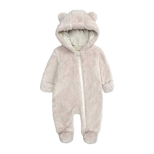 Newborn Baby One Piece Romper Warm Fleece Jumpsuit Cartoon Bear Hooded Snowsuit Footie Outfits Beige 9-12Month