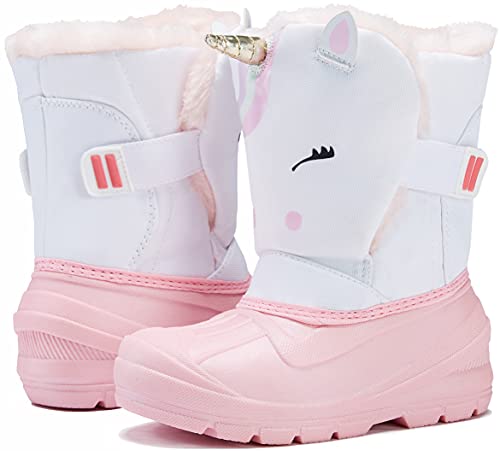 MORENDL Toddler Girls Snow Boots Insulated Waterproof Omni-Heat Winter Boots with Cute Unicorn Print White Pink 8 US Toddler