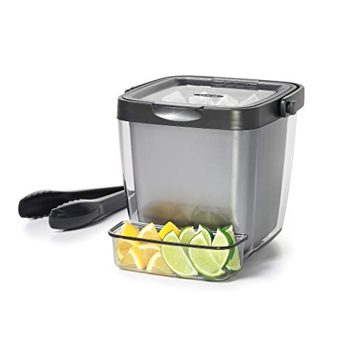 OXO Good Grips Double Wall Ice Bucket with Tongs and Garnish Tray,Gray, 7.37'L x 8.5'W x 7.5'H