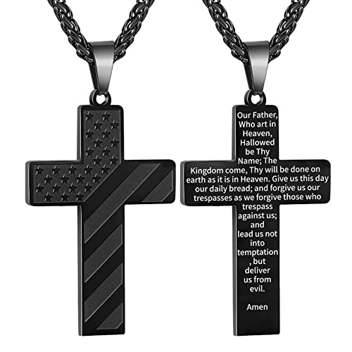 DuoDiner Black Cross Necklace for Boys Men Pendant Chain American Flag Stainless Steel First Communion Lord's Prayer Religious Baptism Jewelry Gift