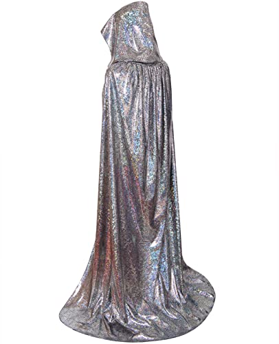 GRAJTCIN Womens Silver Cape with Hood Halloween Full Length Hooded Cloak Mens Snake Alien Costume Shiny Sequin 80s Party(63', Silver)