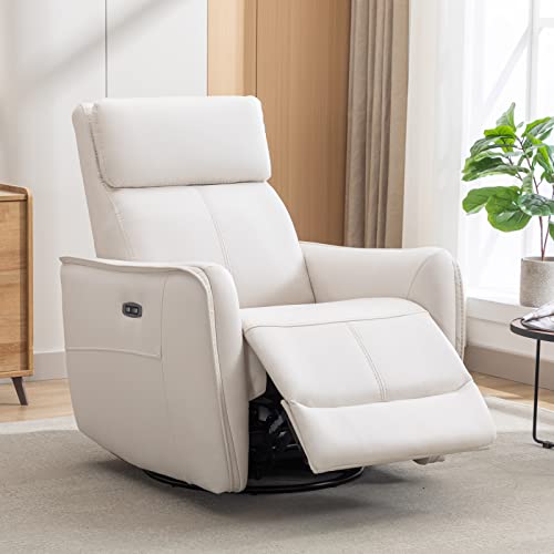 ANJ Power Swivel Rocker Recliner Chair, Electric Glider Reclining Sofa with USB Port, Leathaire Rocking Chair Nursery Recliners for Living Room (Cream White)