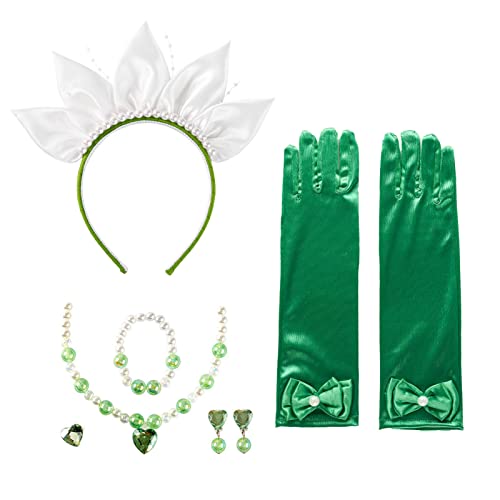 Princess Costume Accessories Headband Green Jewelry Gloves Halloween Party Dress Up for Tiana