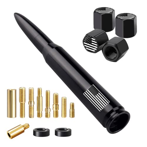 American Flag Car Truck Antenna with Valve Stem Caps, Universal Mast for GM Chevy Silverado 1500 2500 3500 HD Avalanche Ford F150 F250 F350 Denali Heavy Duty Pickup Trucks Accessories (Black)