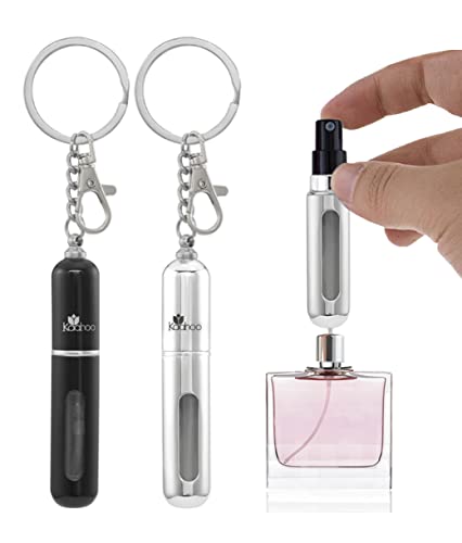 kaahoo On The Go Perfume Atomizer Bottle Keychain TSA Approved Mini Portable Refillable Spray Bottle Travel Size Unisex Cute Perfume Keychain |2Pcs, Silver, Black, 5ml|