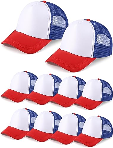 10 Pcs Sublimation Blank Trucker Hats Bulk Mesh Baseball Cap Polyester Mesh Trucker Hat for Men and Women (Red Blue White)
