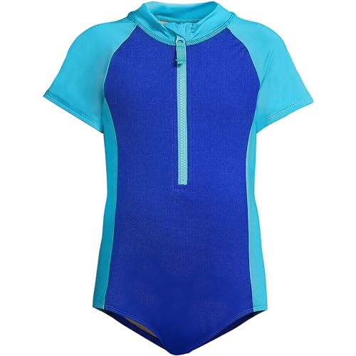 Lands' End Girls Chlorine Resistant One Piece Half Zip Swimsuit Turquoise/electric Blue Kids Large