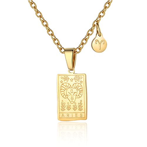 Zodiac Sign Necklace for Women Constellation Tarot Card Pendant Double Sided Gold Stainless Steel Waterproof NonTarnish Friendship Jewelry Gift for Girls（Aries）