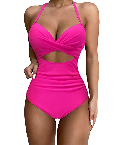 SUUKSESS Women Sexy Cutout One Piece Swimsuits Push Up High Waisted Monokini Bathing Suits (Hot Pink, M)