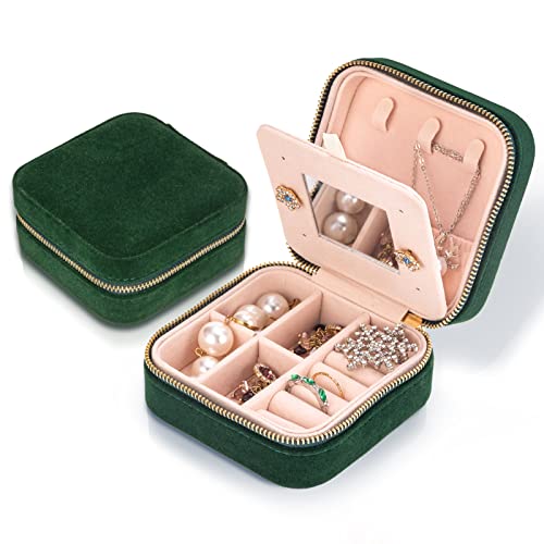 Travel Velvet Jewelry Box with Mirror, Mini Gifts Case for Women Girls, Small Portable Organizer Boxes for Rings Earrings Necklaces Bracelets