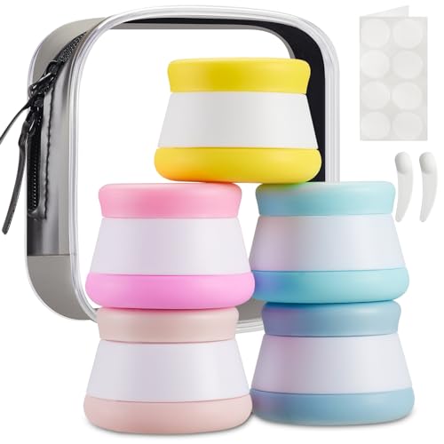 INSFIT Travel Containers for Toiletries, TSA Approved Silicone Cream Jars, Travel Size Containers with Lids, 5PCS BPA Free Leakproof Travel Accessories for Liquid Lotion with Labels Mini Spatulas
