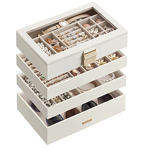 SONGMICS 4-Tier Jewelry Tray, Stackable Jewelry Box, Drawer Jewelry Organizer, with Glass Lid, Removable Dividers, for Vanity Table, 6.7 x 11 x 7.2 Inches, Gift Idea, Christmas Gifts, White UJBC164W01