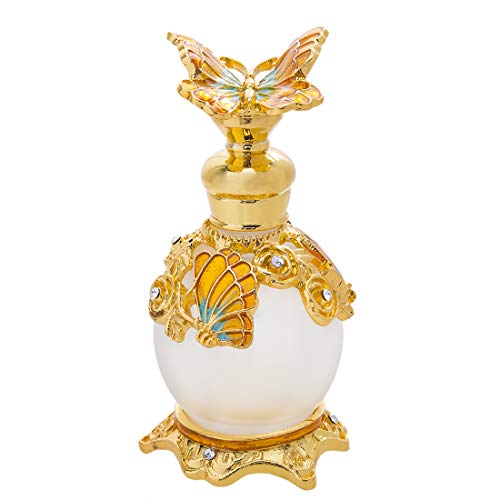YU FENG Jeweled Butterfly Glass Perfume Bottles Empty Decorative Fancy Golden Enamel Crystal Perfume Bottle Refillable(15ml)