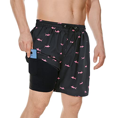 American Trends Men's Swim Trunks Mens Bathing Suit Mens Swim Trunks with Compression Liner Beach Shorts for Men Pink Shark M