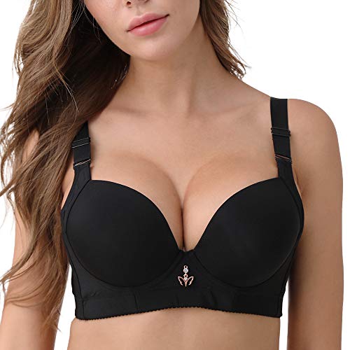 FallSweet Padded T Shirt Bras for Women Push Up Comfort Underwire Brassiere 34A to 44C (Black,34A)