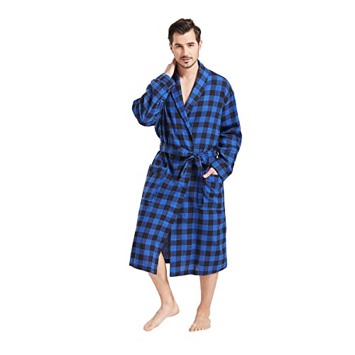 FashGudim Mens Buffalo Plaid Robe Cotton Flannel Shawl Collar Bathrobe Lightweight Kimono Loungewear Sleepwear (Black & Blue, L/XL)