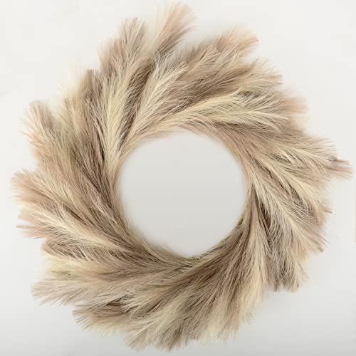 Perfnique Pampas Grass Wreath, 27'' Faux Pampas Wreath for Front Door, Artificial Pampas Wreath for All Seasons, Boho Wall Decor, Farmhouse Pampas Grass Garland, DIY Wreath Arrangement (Ivory&Taupe)