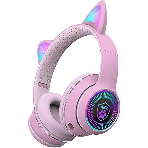 VIGROS Cat Ear Gaming Bluetooth 5.2 Wireless Foldable Headphones with LED Light, Stereo Game Surround Sound Over-Ear Headsets with Microphone AUX for PC, Pad, Mobile, Laptop, Game, Kids, Gift