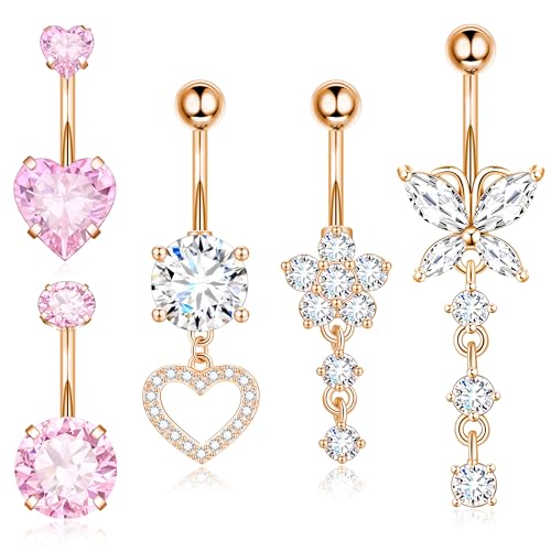 Leocuci Surgical Stainless Steel Dangle Belly Button Rings Piercing for Women Belly Ring Dangling Jewelry with Heart Flower Butterfly Rose Gold 14G