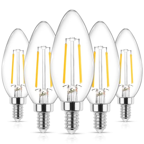 Ascher E12 LED Classic Candelabra Clear Light Bulb, 4W, Equivalent 40W, Warm White 2700K, Filament Clear Glass, Non-Dimmable, Pack of 5