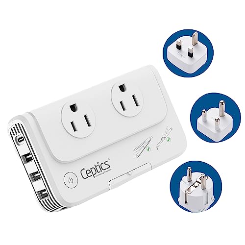 Ceptics South Africa Voltage Converter - 200W Convert 220V to 110V for Devices Like Curling Iron, Straightener, Chargers, Step Down World Power Plug 4 USB PD 18W Fast Charging Type M, G, E/F
