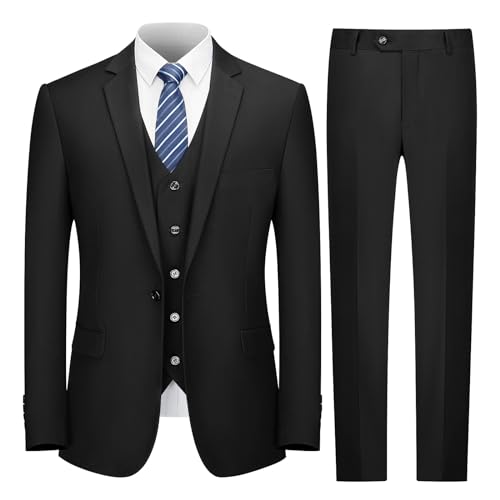 Cooper & Nelson Men's Suit Slim Fit, 3 Piece Suits for Men, One Button Solid Jacket Vest Pants with Tie, Tuxedo Set Black 3XL