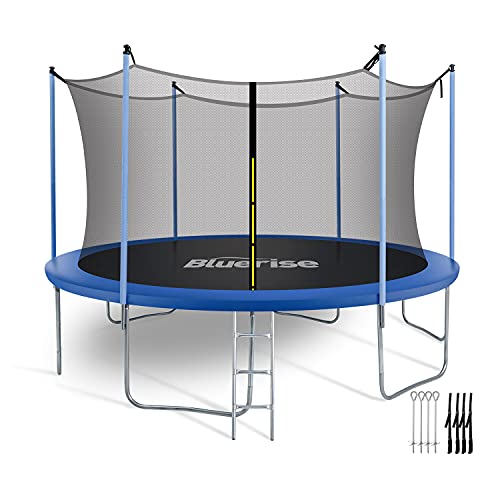 BLUERISE Trampoline 14FT Indoor Trampoline for Kids Outdoor Play for Kids Trampoline Basketball Hoop Attachment with Enclosure Net Easy to Assemble Recreational Trampoline