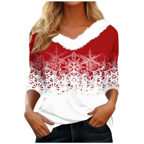 My Orders,Long Sleeve Shirts for Women,2023 Fall Winter Trendy Christmas Tree Snowflake Print Graphic Tees Going Out Tops,Casual V Neck Fleece Patchwork Holiday T Shirt(C-Hot Pink,3XL)