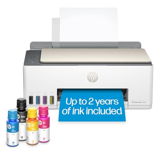 HP Smart-Tank 5000 Wireless All-in-One Ink-Tank Printer with up to 2 years of ink included, mobile print, scan, copy, white, 17.11 x 14.23 x 6.19