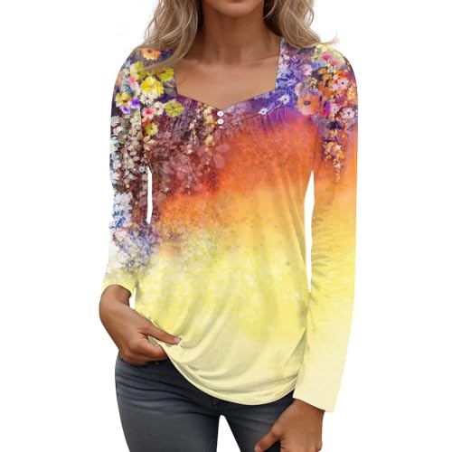 Long Sleeve Tunic Tops for Women Fashion Elegant Plus Size Tunic Tops to Wear with Leggings Cotton Button Down Shirts My Orders Going Out Tops Casual Henley Blouses(C-Orange,Medium)