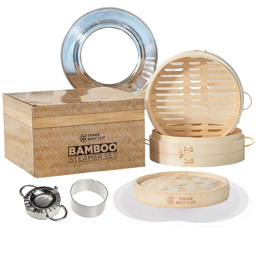 2 Tier Bamboo Steamer- 10' Baskets With Handle, Silicone Liner, Adapter, Molder Press For Cooking Vegetables Dumpling Press & Dough Cutter for Steaming Chinese Asian Food & Bao Bun, Dim Sum Potsticker