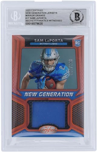 Sam LaPorta Detroit Lions Autographed 2023 Panini Certified Mirror Orange Relic #NGJM-17#/249 Beckett Fanatics Witnessed Authenticated Rookie Card - Football Slabbed Autographed Rookie Cards