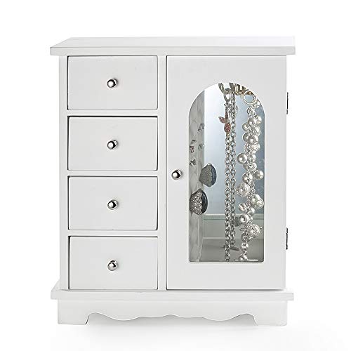 ZGZD White Jewelry Box Wooden Makeup and Accessories Organizer Girls Ring Storage with 4 Drawers and Swing Door