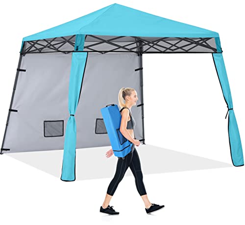 COOSHADE Compact Lightweight Backpack Canopy Sun Protection 8x8 Pop up Shelter Slant Leg Beach Tent with 1 Sidewall, 4 Extra Sandbags (Sky Blue)