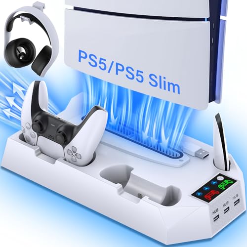 PS5 Slim Stand and Cooling Station with Controller Charging Station for Playsation 5 Slim&Standard Disc/Digital Console, PS5 Accessories Incl. Controller Charger/Turbo Fan/3 USB Hub/Headset holder