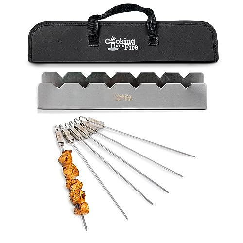 Metal Skewers for Kabobs - Shish Kabob Skewers for Grilling with Slider Plus Skewer Holder, 18' Long Flat Skewers for Kabobs 12' Kabob Rack Holds Stainless Steel Skewers for Grilling-Cooking With Fire