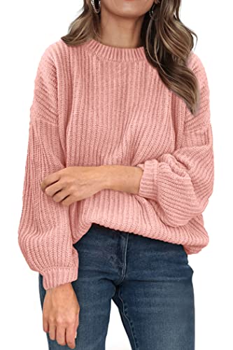 PRETTYGARDEN Women's Fashion Sweater Long Sleeve Casual Ribbed Knit Winter Clothes Pullover Sweaters Blouse Top (Pink,Medium)