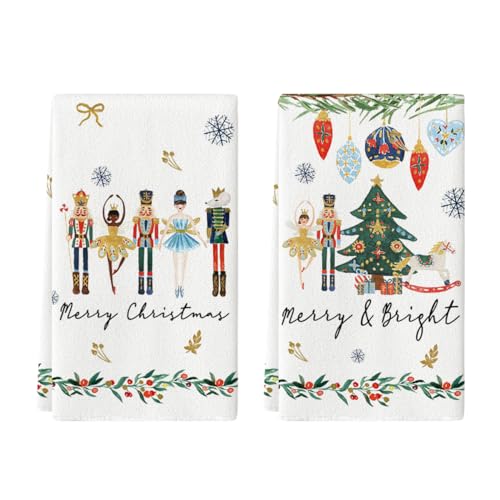 Artoid Mode Nutcrackers Xmas Balls and Trees Merry Christmas Kitchen Towels Dish Towels, 18x26 Inch Snowflakes Decoration Hand Towels Set of 2