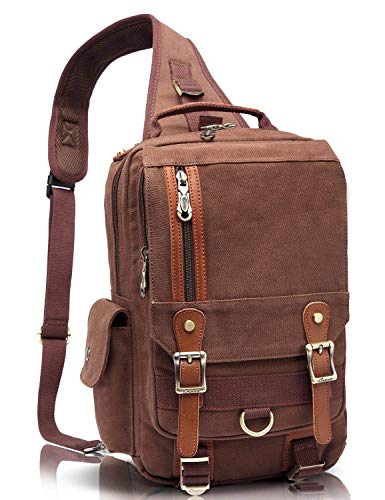 KAUKKO Canvas Messenger Bag Cross Body Shoulder Sling Backpack Travel Hiking Chest Bag (252 Coffee)