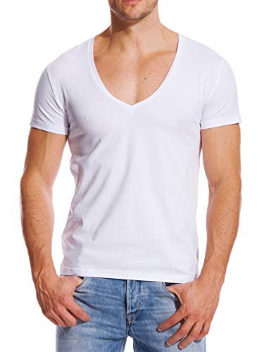 V Neck T Shirts Men Deep V Neck Tee Muscle Slim Fit Low Cut Undershirts White L