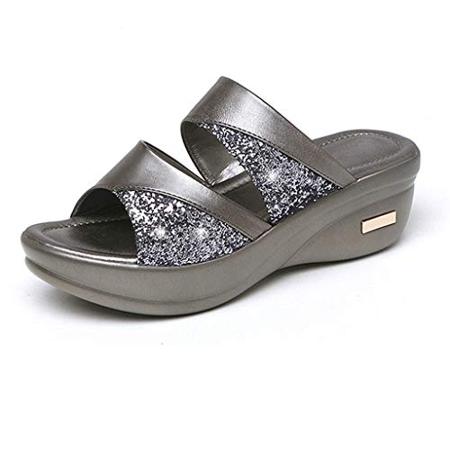 Shengsospp Women Open Toe Espadrilles Wedges Open Toe Slip On Strappy Platform Sandals with Elastic Ankle Strap Walking Sandal Silver, 8