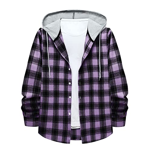 Plaid Flannel Shirt Men Long Sleeve Casual Flannel Plaid Shirts Jacket Mens' Tops, Tees & Shirts(A-Purple,X-Large)