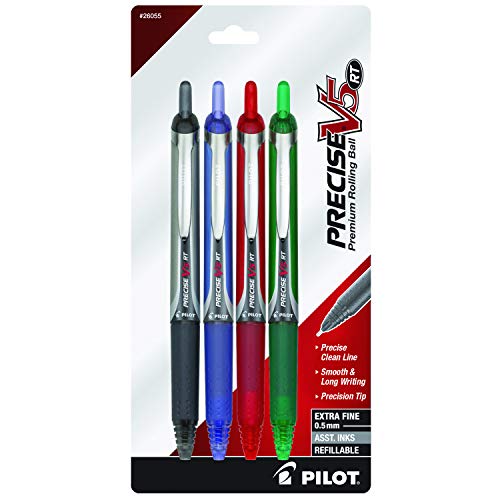 PILOT, Precise V5 RT Refillable & Retractable Liquid Ink Rolling Ball Pens, Extra Fine Point (0.5mm), Black/Blue/Green/Red, Pack of 4