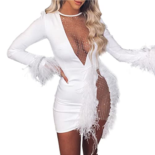 Nhicdns Women Sexy Club Dress Long Sleeve Deep V Neck Party Mini Dresses Feather Sequin Bodysuit White Medium