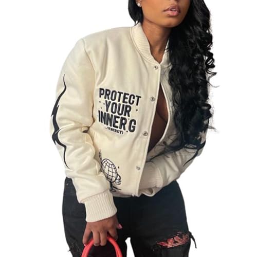 Molilove Women's Varsity Jacket Baseball Fr Bomber Jacket Vintage Women Letter Printed Y2k Streetwear College